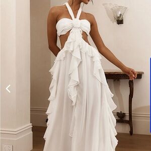 Selfie Leslie SANTIAGO CUT-OUT RUFFLE MAXI DRESS WHITE